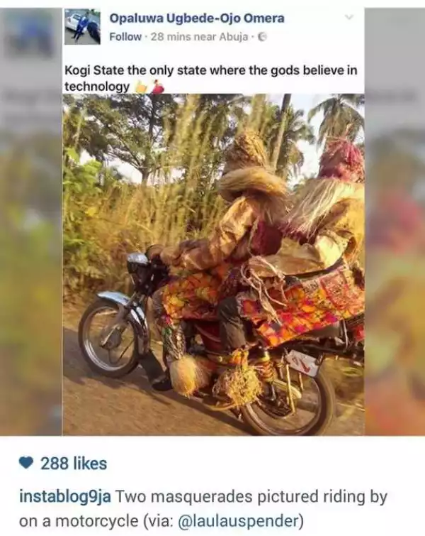 Two Masquerades Pictured Riding By On A Motorcycle In Kogi State